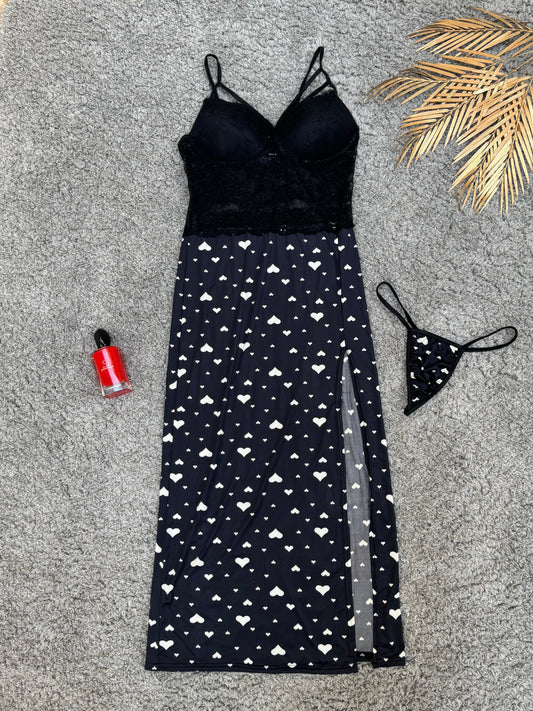 Lace Heart Print Dress – Black & Red Edition